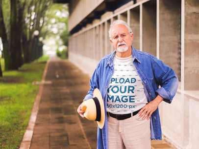 T-Shirt Mockup of a White Senior Man Out by a Garden