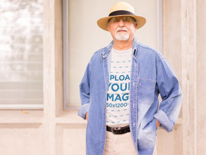 Round Neck Tee Mockup of a Senior Man Gardening