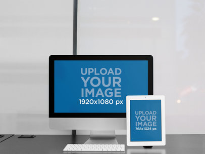 iMac and iPad Responsive Mockup at an Office Desk