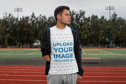 T-Shirt Mockup of a Man at a Running Track