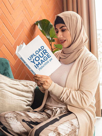 Book Mockup Featuring a Middle-Aged Woman Reading at Home 32403