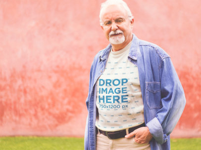 Elder Man Wearing a T-Shirt with a Denim Long Sleeve Mockup
