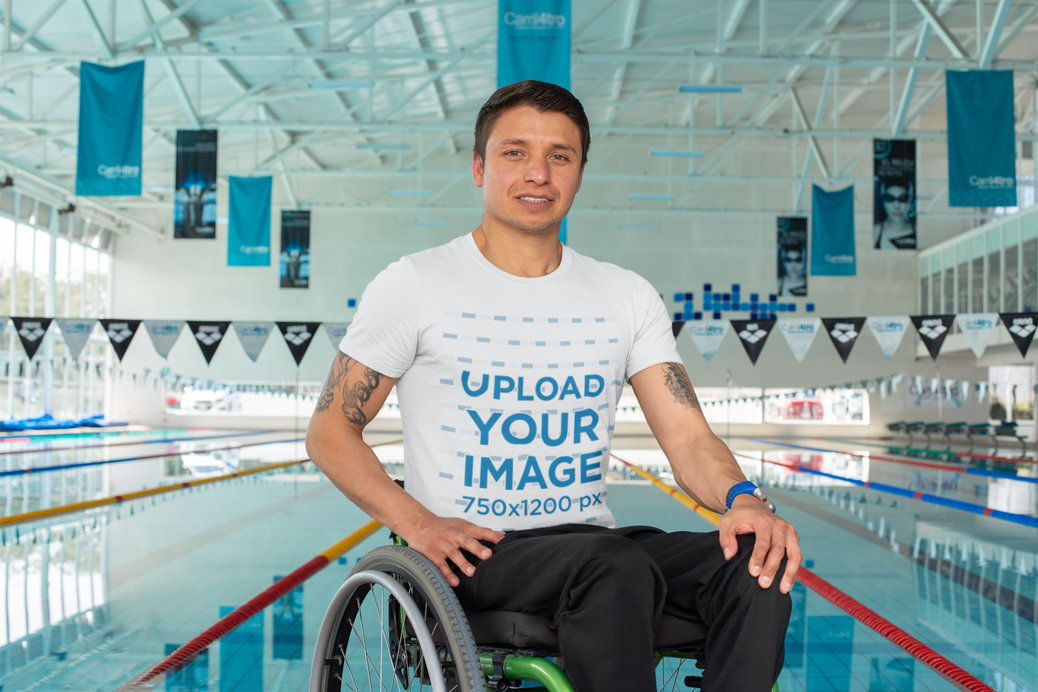 T-Shirt Mockup Featuring a Man at a Swimming Pool 