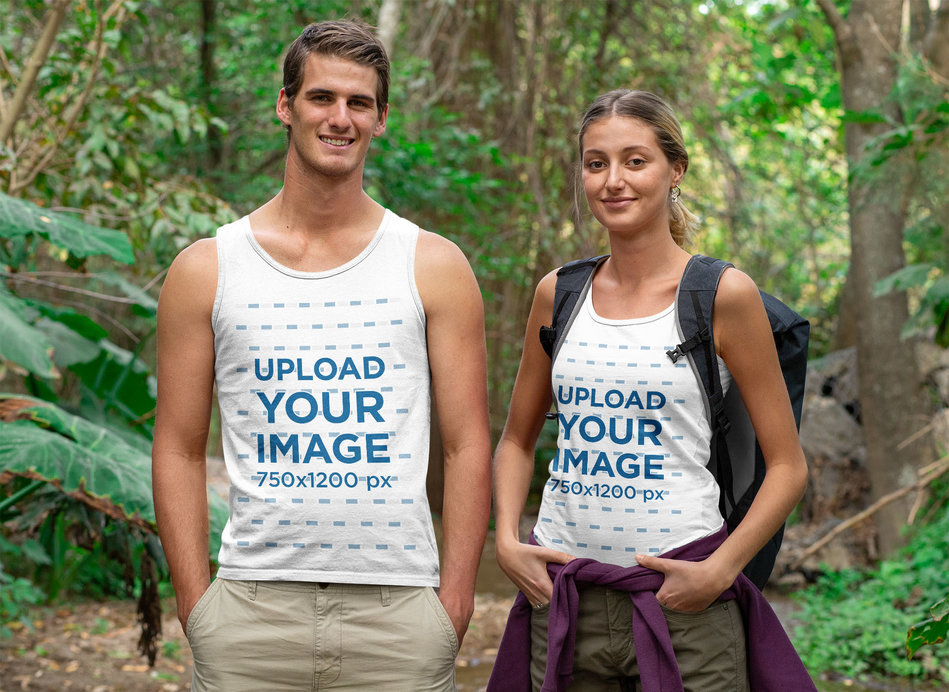 Tank Top Mockup of a Couple of Hikers in the Wilderness 