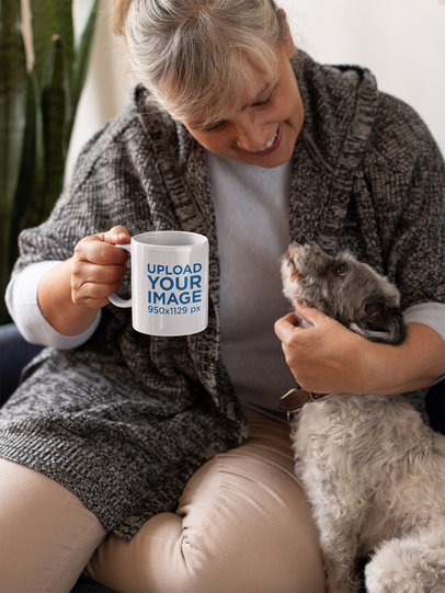 11oz Coffee Mug Mockup of a Woman Petting Her Dog 