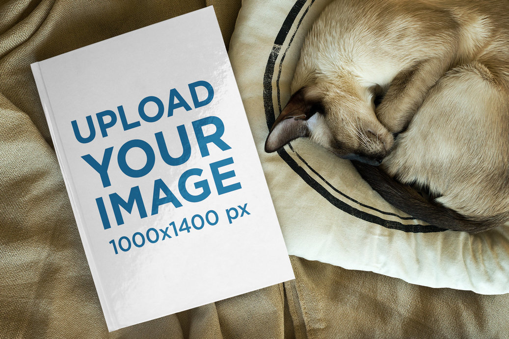 Hardcover Book Mockup Featuring a Sleeping Cat