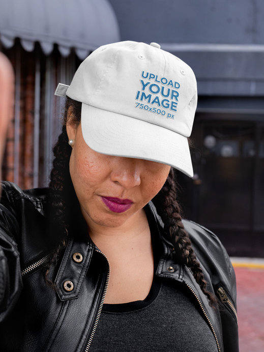 Dad Hat Mockup Featuring a Woman Taking a Selfie 