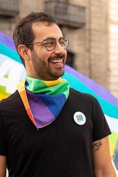 Pin Button Mockup Featuring a Smiling Man at an LGBT Parade