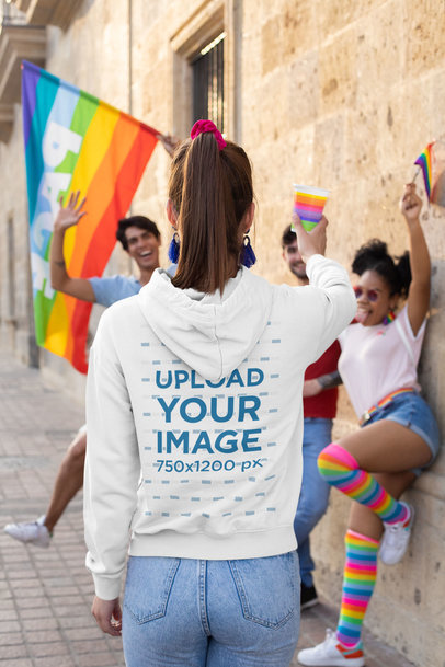 Back View Mockup of a Woman with a Hoodie Cheering with Her Friends 33001
