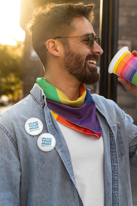 Pin Button Mockup of a Man Celebrating LGBT Pride