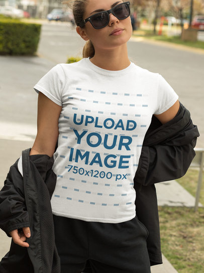 Athleisure-Styled T-Shirt Mockup Featuring a Woman with Sunglasses 