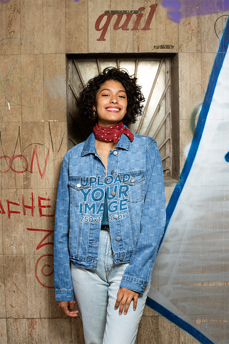 Denim Jacket Mockup of a Smiling Woman in an Urban Setting