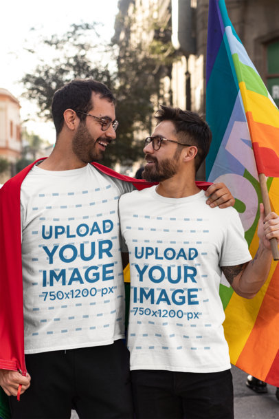 T-Shirt Mockup Featuring an LGBT Couple Holding a Rainbow Flag 
