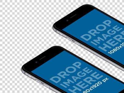 Two iPhone 6 Plus Lying on a Surface in Angled Portrait Position Mockup