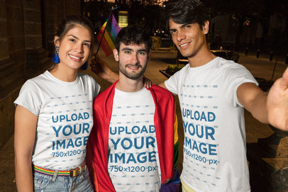 T-Shirt Mockup Featuring Three Friends Taking a Selfie at the Pride Parade