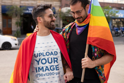 T-Shirt Mockup Featuring a Man Accompanied by His Boyfriend 