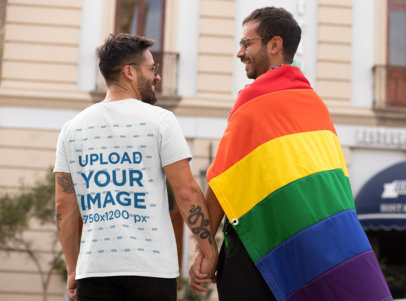 T-Shirt Mockup of a Man Holding His Boyfriend's Hand at Pride Parade