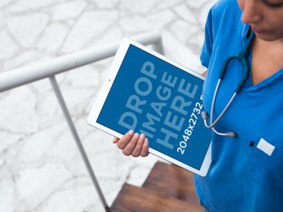 Mockup of a Medical Assistant Holding an iPad Pro in Portrait Position 