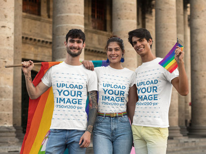 T-Shirt Mockup Featuring a Group of Friends Holding Rainbow Flags 