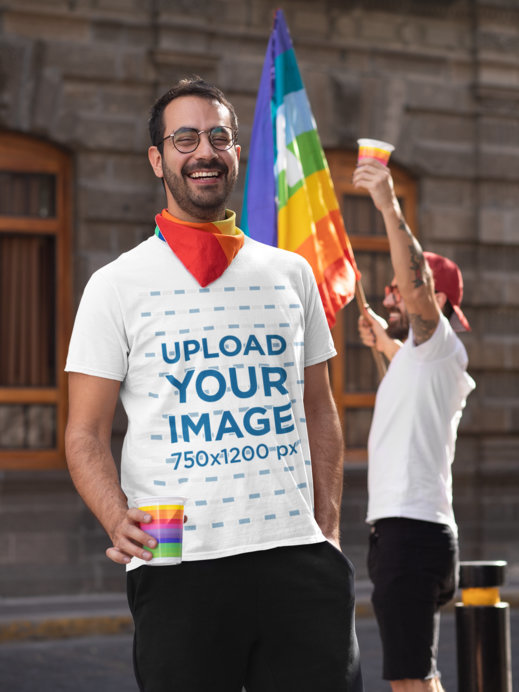 T-Shirt Mockup Featuring a Happy Man Enjoying the Celebration of LGBTQ Pride