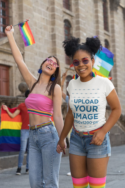 T-Shirt Mockup of a Woman Holding Another Woman's Hand at Pride Parade
