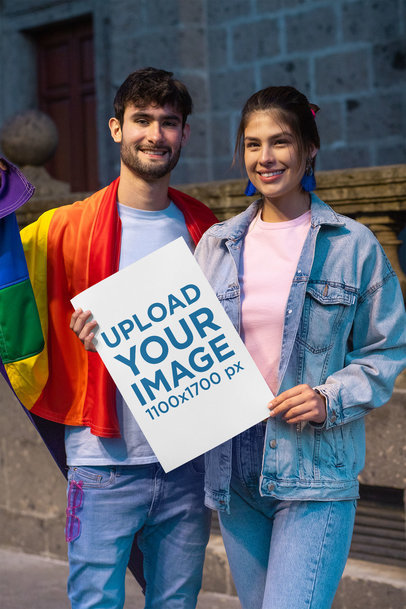 Mockup Featuring Two Friends Holding a Poster at an LGBTQ Pride Parade