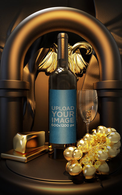 Wine Bottle Mockup Featuring Golden Ornaments 