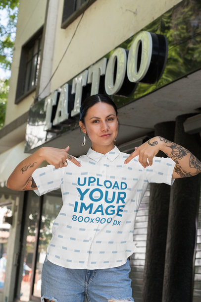 Button-Up Shirt Mockup of a Woman Outside a Tattoo Shop 33142