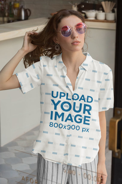 Button-Up Shirt Featuring a Woman with Colored Sunglasses 33133
