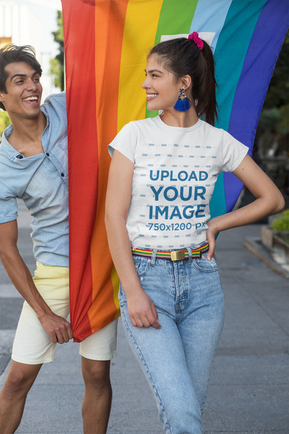 Mockup of a Happy Woman Wearing a T-Shirt at a Pride Parade