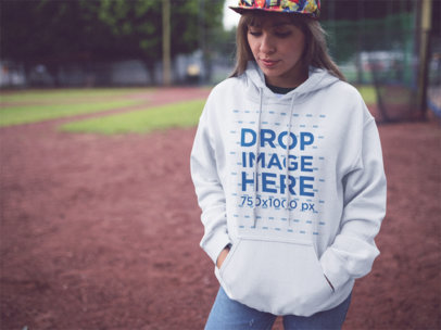Pullover Hoodie Mockup Featuring a Young Hispanic Woman in the Park