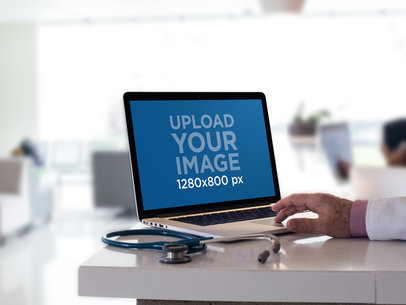 Mockup of a Senior Doctor Working in a MackBook