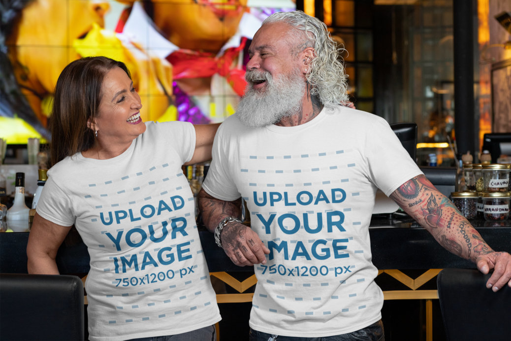 T-Shirt Mockup Featuring a White-Bearded Man and a Woman Laughing 