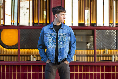 Mockup of a Cool Man Wearing a Denim Jacket on the Street