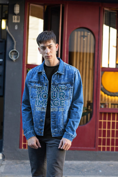 Denim Jacket Mockup Featuring a Serious Man at a Street 32595