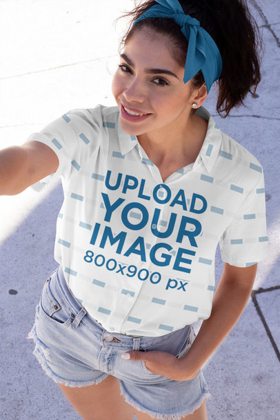 Selfie Mockup of a Woman with a Tucked-In Button-Up Shirt 33125