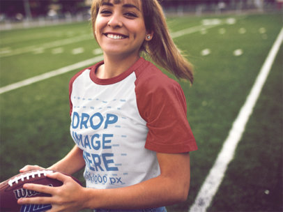 Raglan T-Shirt Mockup of a Girl Playing on a Football Field 12477a