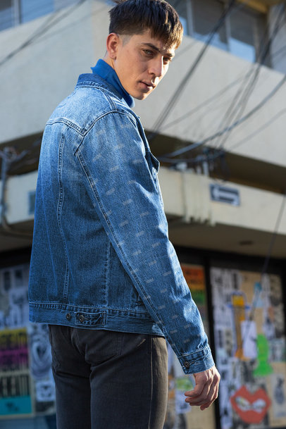 Mockup of a Man Wearing a Denim Jacket Outside 32605