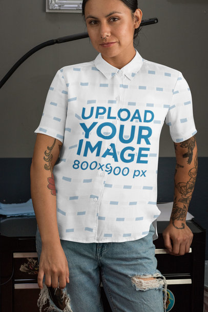 Button-Up Shirt Mockup Featuring a Woman With Arm Tattoos 33147