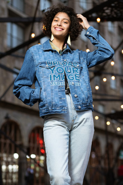 Mockup of a Joyful Woman Wearing a Sublimated Denim Jacket 32589