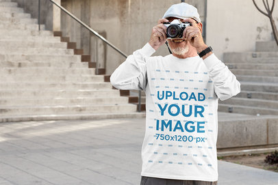 Long Sleeve Tee Mockup Featuring a Senior Man Taking a Photo