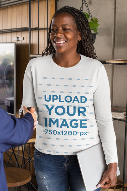 Long-Sleeve Tee Mockup of a Woman Giving a Handshake