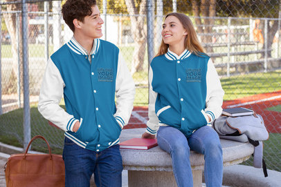 Varsity Jacket Mockup Featuring Two Friends Talking 