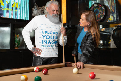 Long Sleeve Tee Mockup of a White-Bearded Man Playing Pool