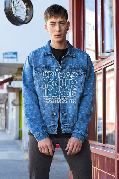 Denim Jacket Mockup Featuring a Serious Man Posing