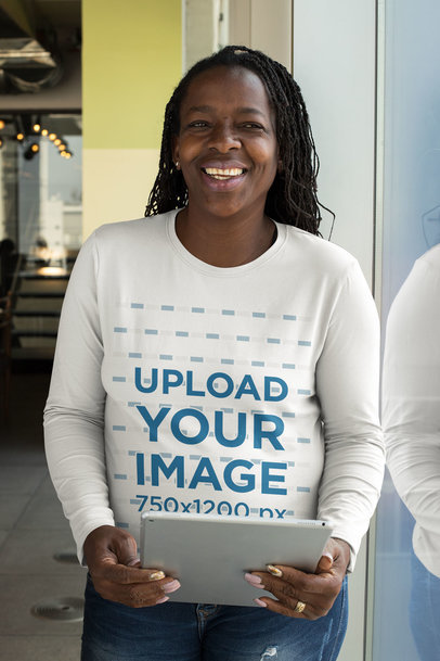 Long Sleeve T-Shirt Mockup of a Smiling Middle-Aged Woman