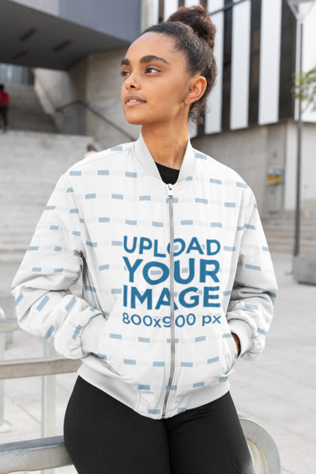 Bomber Jacket Mockup Featuring a Young Woman