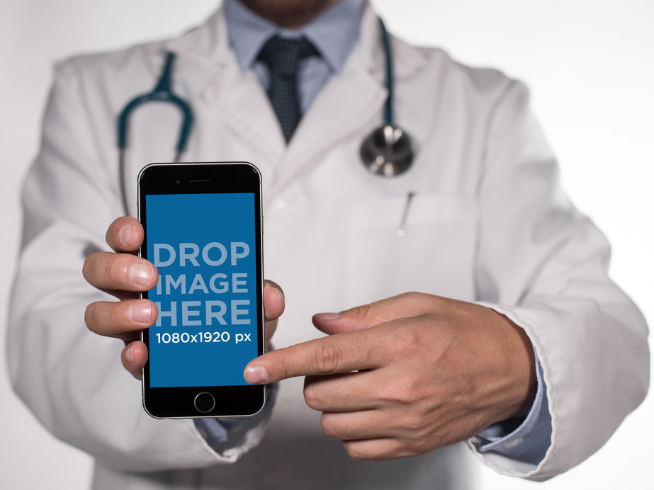 Placeit - Mockup of a Doctor Presenting His iPhone in Portrait Mode
