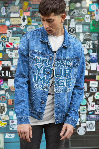 Mockup of a Man Wearing a Denim Jacket with Customizable Sleeves
