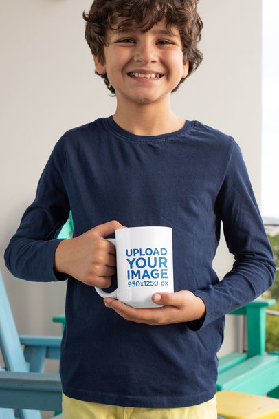 15 oz Mug Mockup Mockup of a Happy Kid at a Balcony 33171